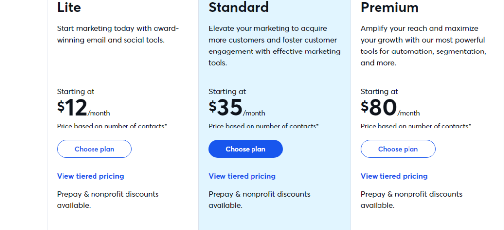 Klaviyo vs Constant Contact : Constant Contact Pricing plans